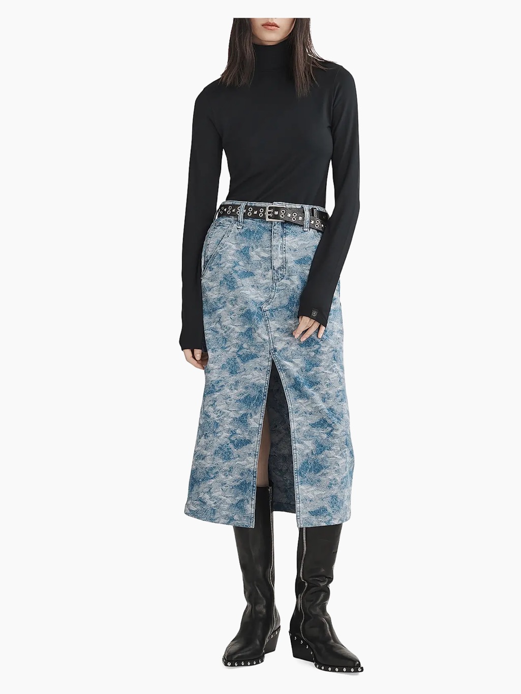 Rag & Bone Blue Acid-Wash Front-Slit Midi Skirt
